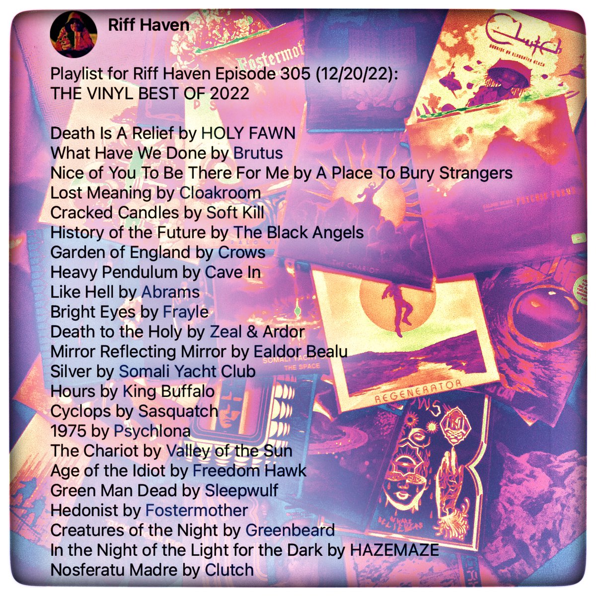 RiffHaven's tweet photo. #RiffHaven #RadioBoise #holyfawn #Brutus #APTBS #Cloakroom #SoftKill #TheBlackAngels #Crows #CaveIn #Abrams #Frayle #ZealandArdor #EaldorBealu #SomaliYachtClub #KingBuffalo #Sasquatch #Psychlona #ValleyoftheSun #FreedomHawk #Sleepwulf #Fostermother #Greenbeard #Hazemaze #clutch https://t.co/9iN9LwalLY