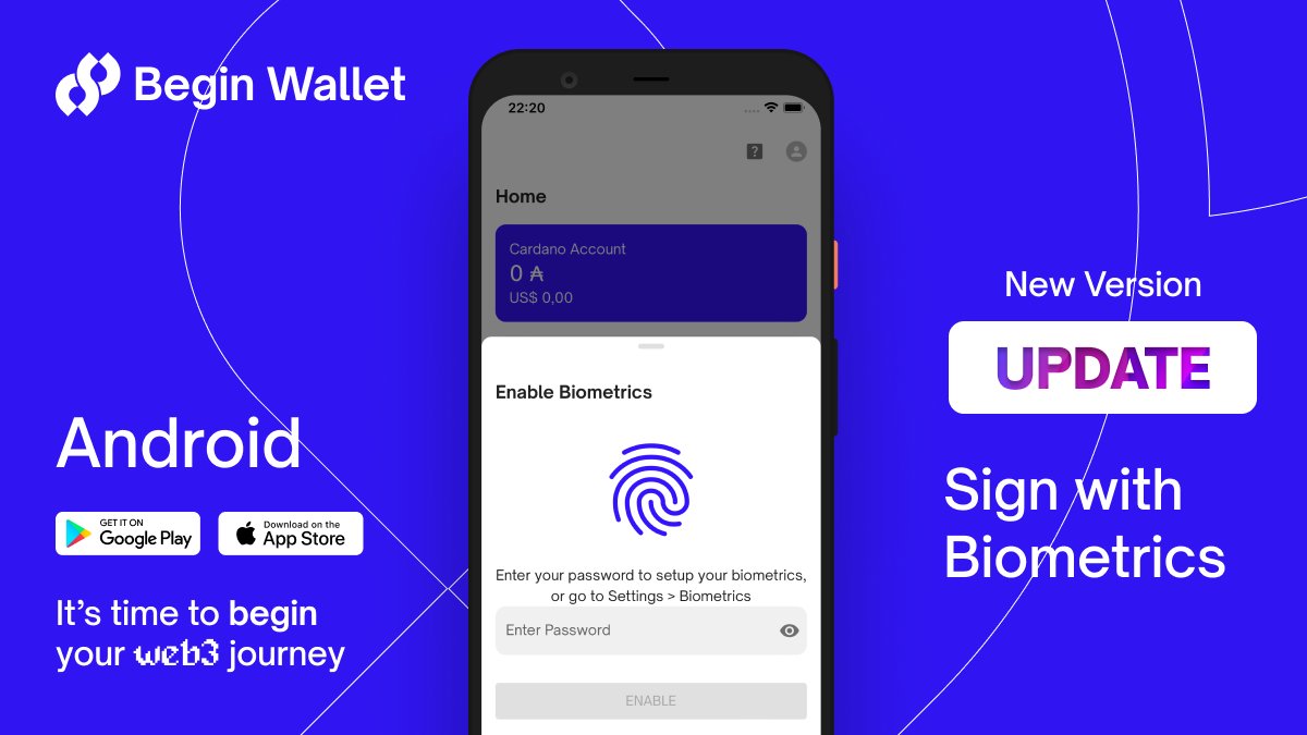 BeginWallet's tweet photo. Sign with Biometrics is now live on @BeginWallet, sending transactions is even faster and still secure 💙
📲 Android - https://t.co/t5bZmpVBch
1/2

#Cardano #CardanoCommunity #CardanoNFTs #Crypto https://t.co/wKFsHmRLEc