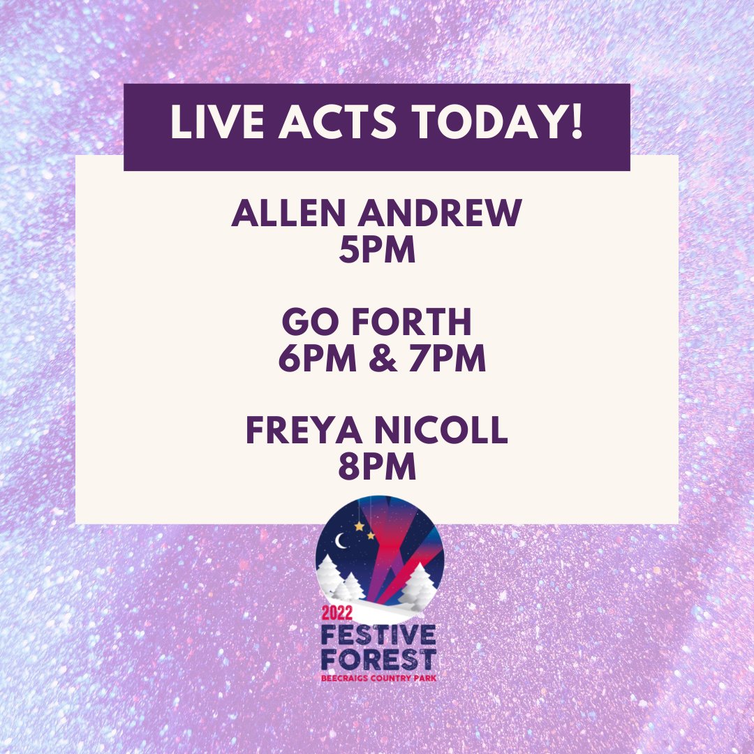 BeecraigsFF's tweet photo. Our live acts today...

ALLEN ANDREW
5pm

GO FORTH
 6PM &amp; 7PM

FREYA NICOLL
8pm

TICKETS SELLING FAST< https://t.co/8MqcEtvUoO 

We can’t wait to see you!

The BFF Team

🎄👍🏻🎅🏻

#BFF22
#beecraigsfestiveforest22
#livemusic
#theoriginalandbest
#biggerandbolder https://t.co/k4WhIgLd4l