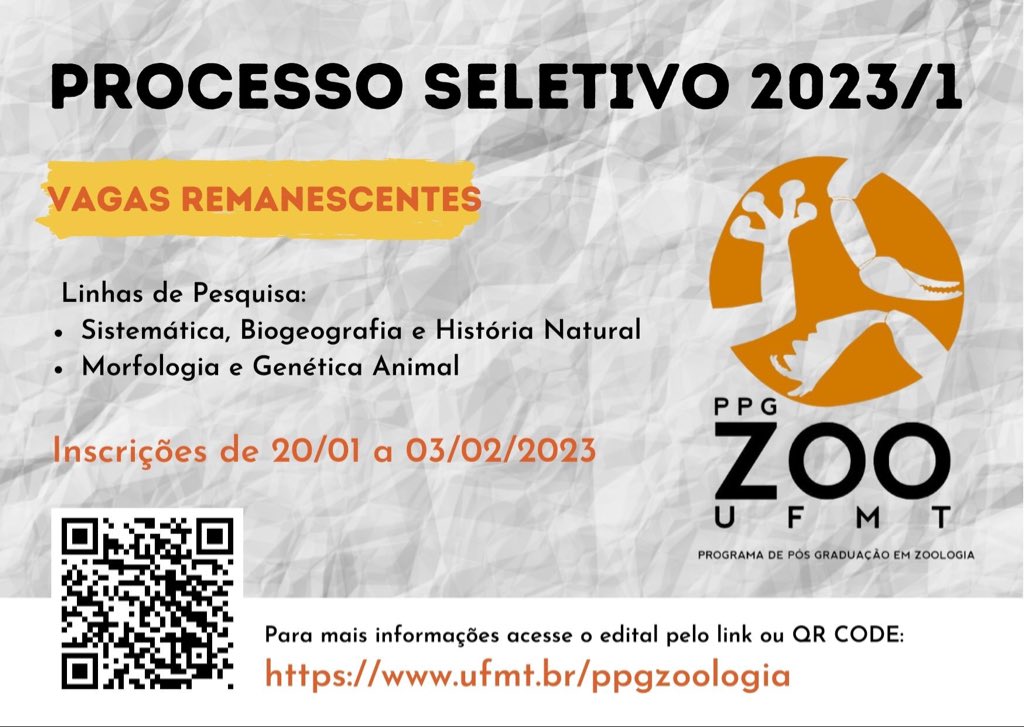 VQPiacentini's tweet photo. Edital de vagas remanescentes do PPG Zoologia da UFMT. 
Ajudem a divulgar, pf. https://t.co/Vcm9Qaq4Z7