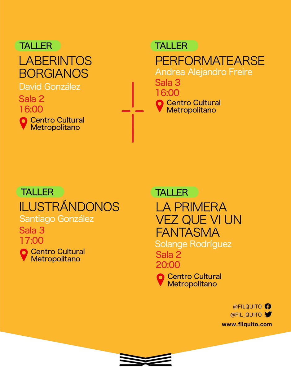 #AgendaFILQ2022 Infancias y juventudes 

☀️Este miércoles 21 nos extendemos: tenemos noche de descuentos y más talleres 

👉🏼Revisa nuestra programación completa en filquito.com

#FILQ2022 #QuitoViveyLee #Bicentenario #CaminoCultura