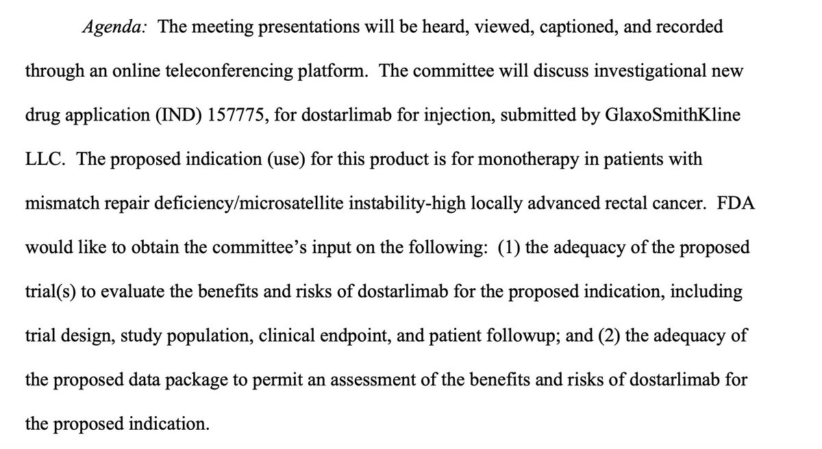 #FDA schedules Feb 9 advisory panel review for #dostarlimab, submitted by GlaxoSmithKline, for proposed use as monotherapy in patients with mismatch repair deficiency/microsatellite instability-high locally advanced rectal cancer. $GSK #FDAODAC #adcomm

public-inspection.federalregister.gov/2022-27834.pdf