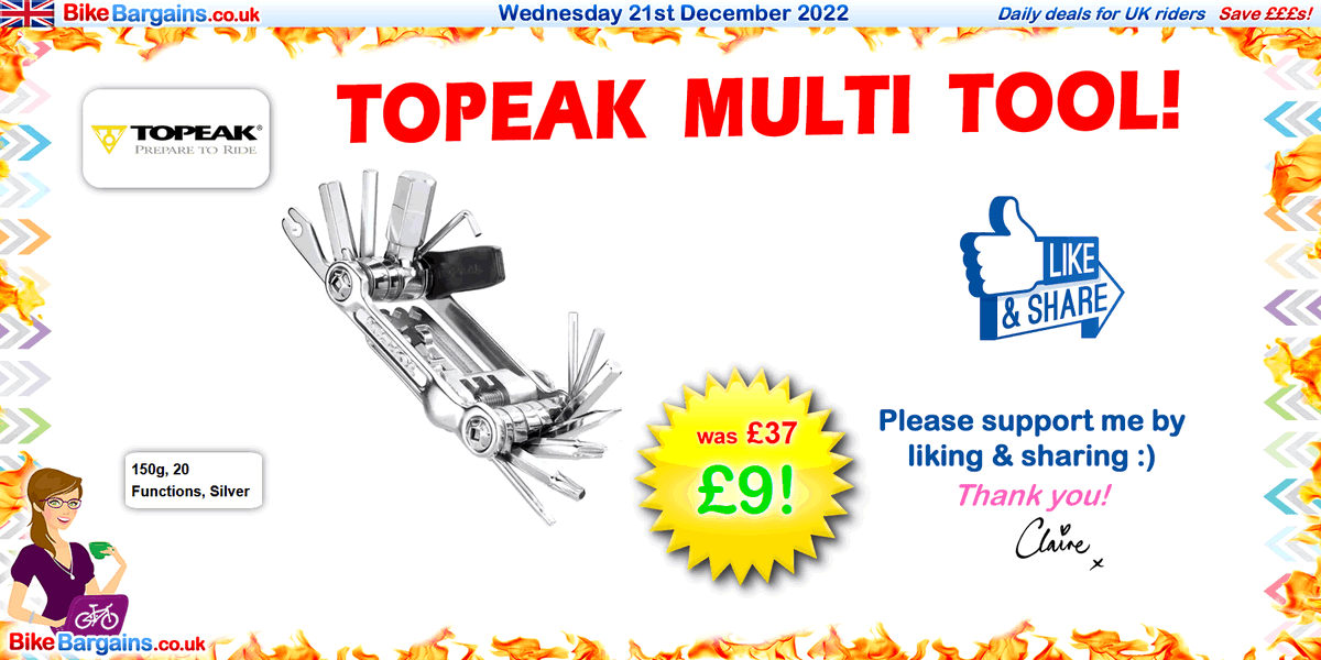 CycleBargains's tweet photo. £9 Topeak Multi-Tool (was £37!) 🚲
 
🔥 https://t.co/puN8DsDvbi ⬅ £9 Topeak Multi Tool

📝 150g, 20 Functions, Silver (RRP £37!)

More deals coming right up! 😃 Thanks, Claire x https://t.co/EaXJlg79zU