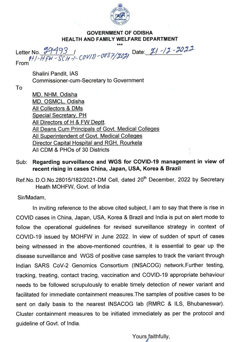 IPR_Odisha's tweet photo. In view of sudden spurt of Covid cases in China, Japan, US  &amp; Brazil etc the @HFWOdisha has instructed all Dist Collectors, MCH, @nhmodisha &amp; dist PHOs to gear up the disease surveillance activities. It has also instructed on testing, tracking etc for early detection &amp; treatment. https://t.co/0doCa5LIfh
