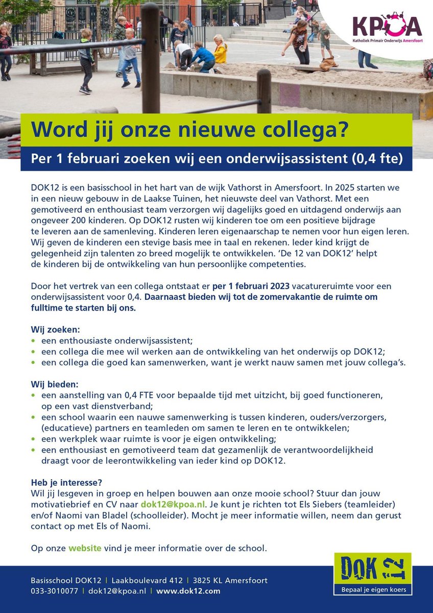Passie voor het werken in het onderwijs? Dan zoeken wij jou! Altijd welkom om op bezoek te komen en te kijken wat we voor elkaar kunnen betekenen. #onderwijsvacature #onderwijsassistent #033 #delenwordtgewaardeerd
