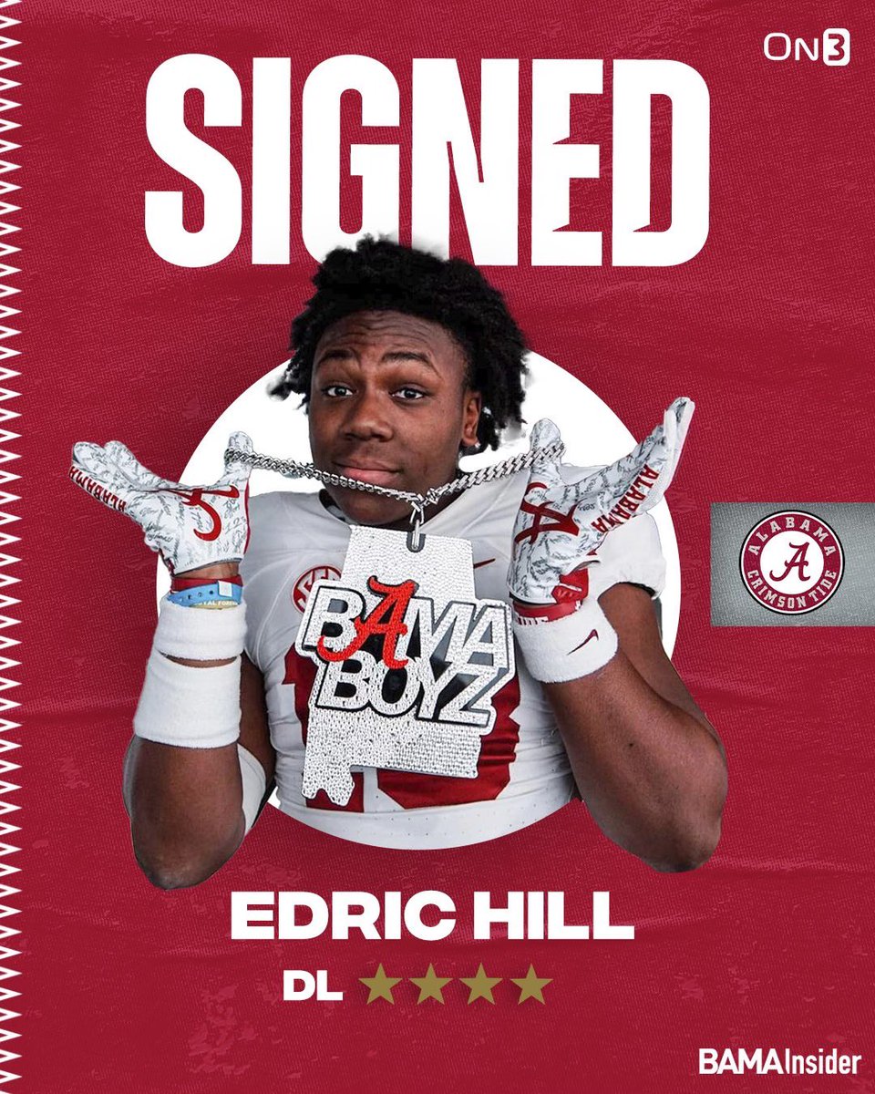 Top 100 defensive lineman Edric Hill has signed with #Alabama!

Hill committed to the Tide in September! He is an early enrollee! 

Learn more about Hill + a video breakdown!

➡️ tinyurl.com/4z33anxr

#RollTide