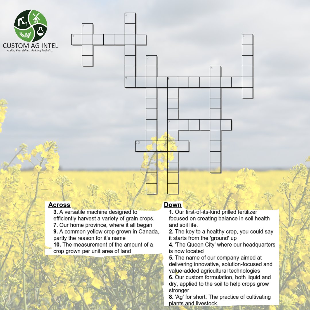CustomAgIntel's tweet photo. It's "National Crossword Puzzle Day" and we wanted to partake in the festivities with a puzzle of our own! 

Put your answers in the comments and we'll tell you if you were correct!

#saskag #soilhealthmatters #CustomAg #agriculture #nationalcrosswordpuzzleday https://t.co/iibZ3tZrVP