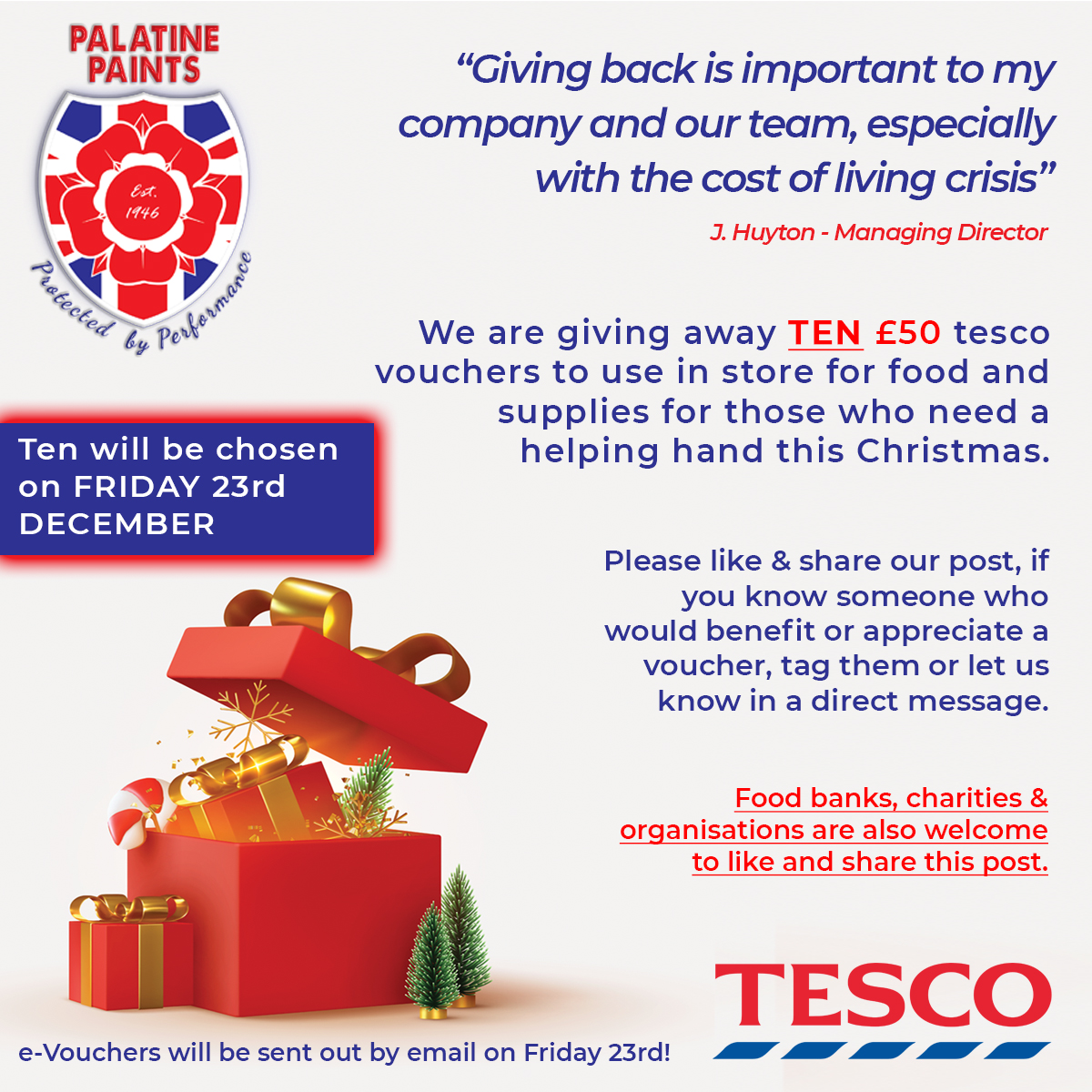 PalatinePaints's tweet photo. Please like, share, tag/comment this post, we're giving away TEN £50 e-vouchers to use at Tesco for those who would benefit or appreciate it during the cost of living crisis at Christmas.

Food banks, charities and organisations are welcome to share also!

#charity #christmas https://t.co/RVUh6opyIs