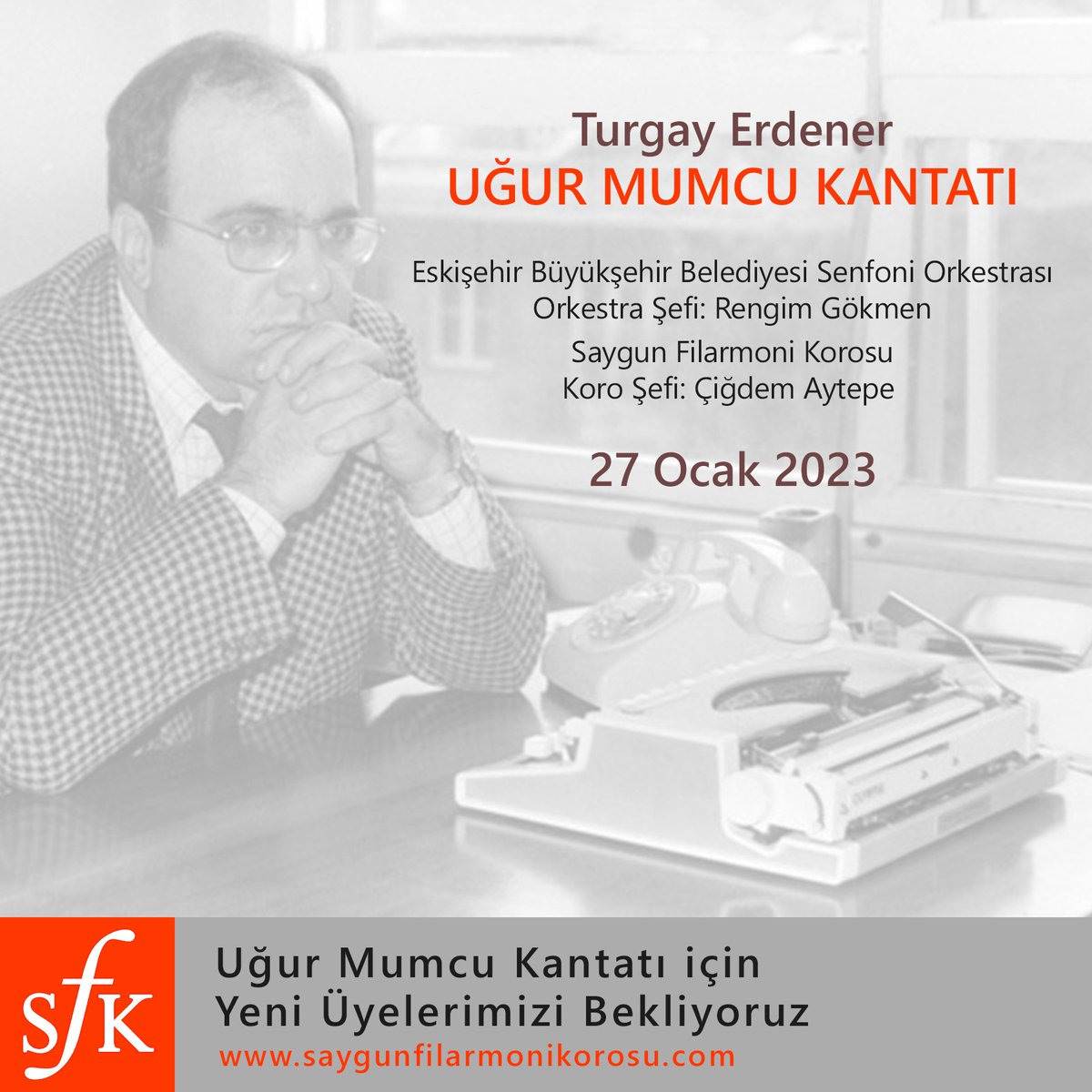Turgay Erdener'in "Uğur Mumcu Kantatı" 27 Ocak'ta Eskişehir'de seslendirilecek. Bu etkinlikte siz de koromuzun bir üyesi olmak istiyorsanız, başvuru formunu 30 Aralık 2022 tarihine kadar doldurarak başvuru yapabilirsiniz. Detaylı bilgiyi sitemizde:
saygunfilarmonikorosu.com/korist-al%C4%B…