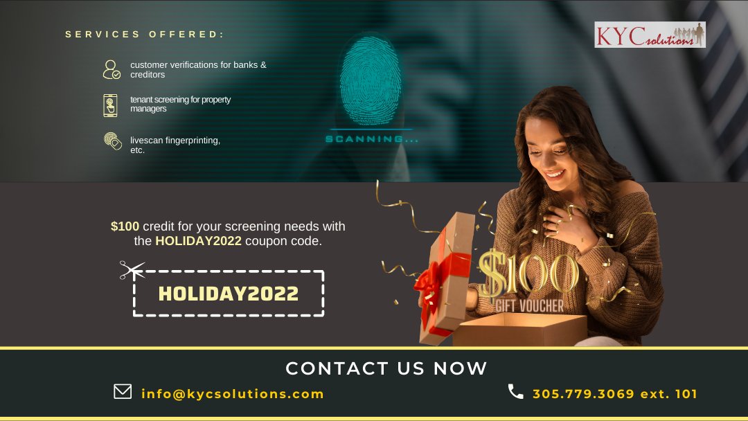 Click kycsolutions.com/kyc-open-accou… 
to receive our Holiday gift to you: $100 credit for your screening needs with the HOLIDAY2022 code. 

#backgroundcheck #backgroundscreening #verifications #humanresource #staffing #employment #consultants #security