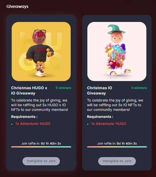 Imaginary_Ones's tweet photo. HUGO x IO Adventurer stakers, are you ready for our upcoming festive Christmas raffle?

10 prizes to be won: 
🎁 5 HUGO x IO NFTs
🎁 5 IO NFTs

Remember to join this Christmas raffle! https://t.co/8S1WrcPh7Y