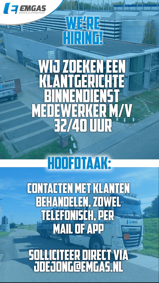 EmgasBV's tweet photo. Vacature Alert! Wij hebben momenteel een #vacature voor een #binnendienst medewerker (m/v) 32/40 uur. In deze job word je intern getraind zodat je thuis raakt in het bedrijf en de producten. Mail je CV naar jdejong@emgas.nl #werkenbijemgas #emgas #personeelgezocht #denbosch https://t.co/MUx3buBOZN