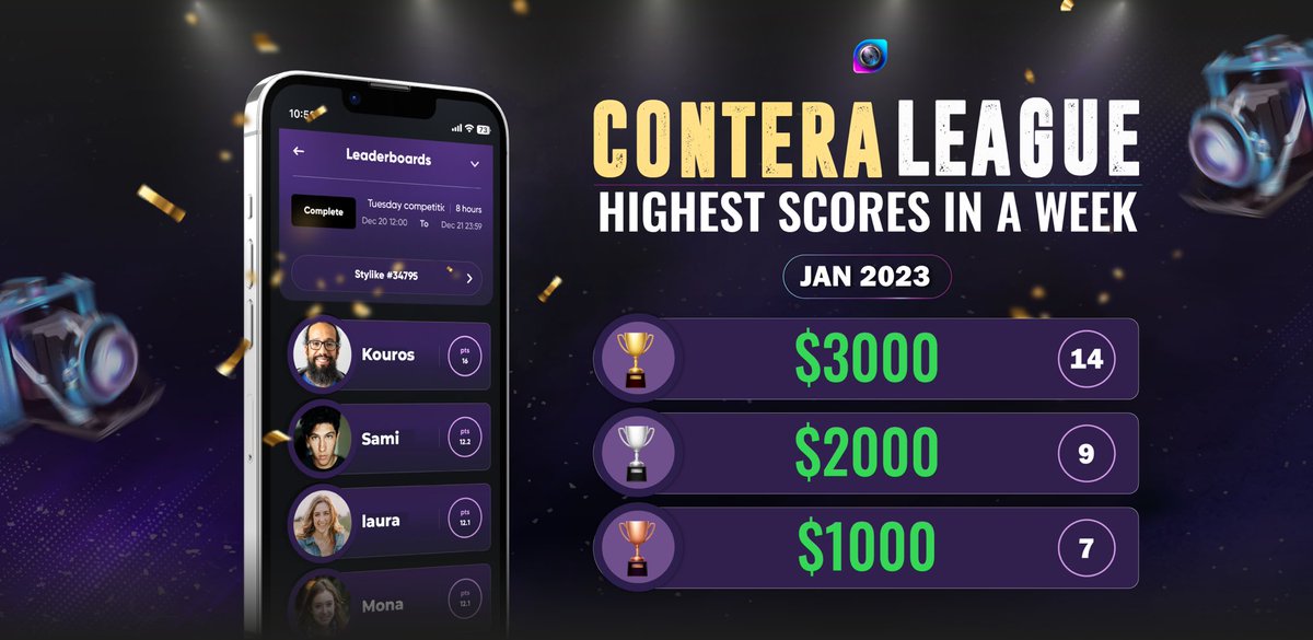 Stylike_io's tweet photo. Great news for #Contera owners!
Try your best to come first, second or third for a week.
highest scores in a week can earn a good deal of #BUSD.
1st winner would get $3000
2nd winner would get $2000
3rd winner would get $1000
starts in January 2023
stay tuned! https://t.co/7z3Ml5gWfM