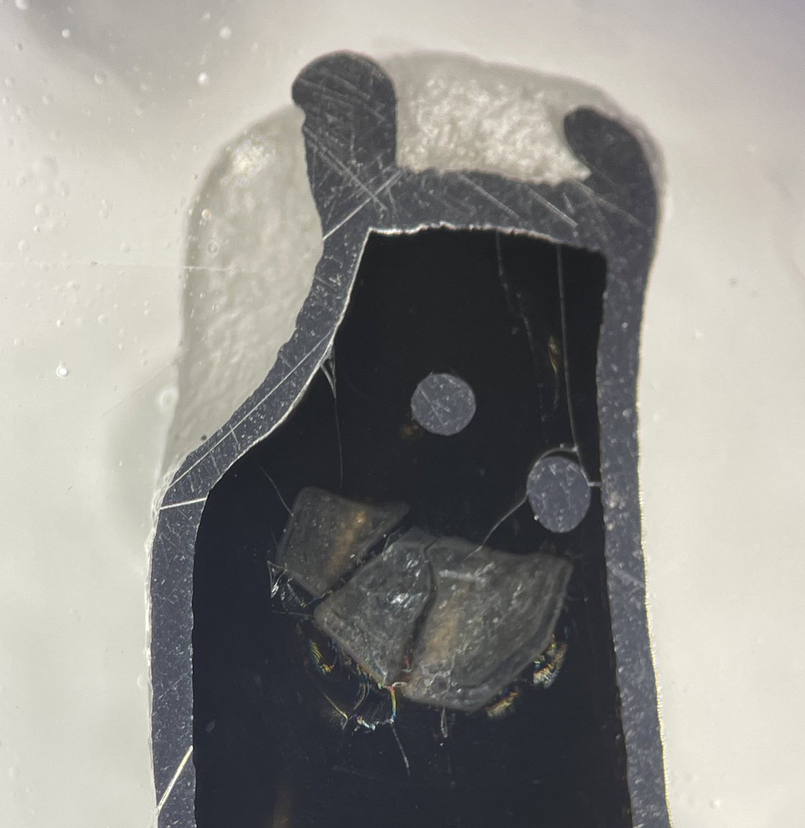 Last HP experiment of 2022: a smiley plagioclase undergoing dissolution in a hydrous basaltic melt. Maybe excited to go on holiday??? 🎄💫🌋 #plagioclase #highpressure #stromboli