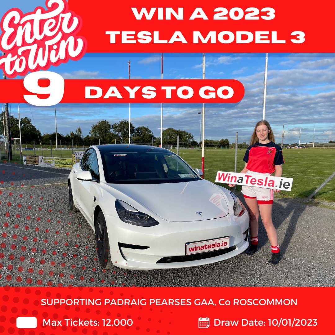 It’s a new year! 🥳 Fancy winning a new car? In 9 days time you could own a 2023 Tesla! Pick up your ticket here - winatesla.ie