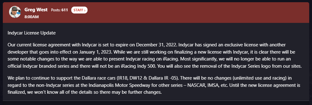 KingOfChins's tweet photo. Extremely disappointed in the news this morning from @iRacing and even more disappointed in the stance @IndyCar has taken. IndyCar has been a large part of iRacing for over 13 years and to just pull the rug out from everyone's feet is a slap in the face to the community at large. https://t.co/8hIyjpjdW2