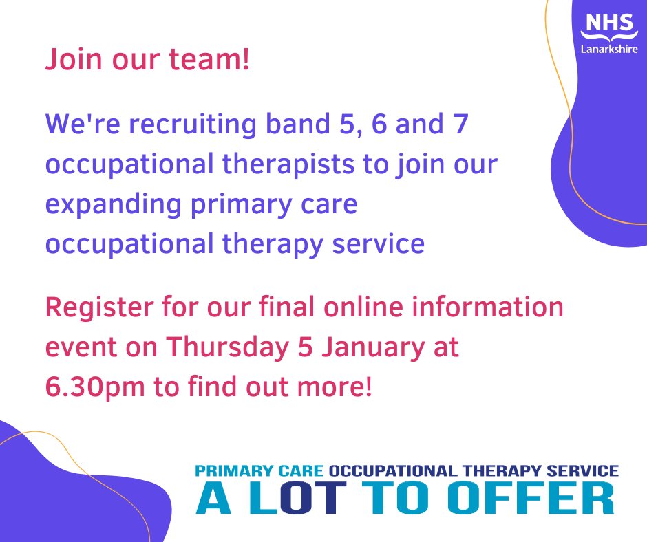 NHS Lanarkshire (@nhslanarkshire) on Twitter photo Are you interested in joining our expanding primary care occupational therapy service? For more info on the roles available, visit nhslanarkshire.scot.nhs.uk/news-major-exp…
To register for the session, email LanGMS2018@lanarkshire.scot.nhs.uk Are you interested in joining our expanding primary care occupational therapy service? For more info on the roles available, visit nhslanarkshire.scot.nhs.uk/news-major-exp…
To register for the session, email LanGMS2018@lanarkshire.scot.nhs.uk