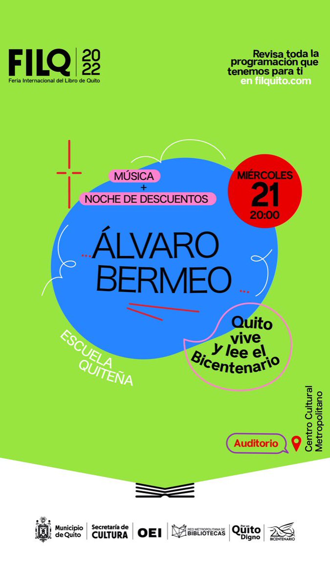 📣Hoy tenemos noche de descuentos y la propuesta musical de Álvaro Bermeo. 

📍Centro Cultural Metropolitano 
🎫Entrada libre 

Pasa la voz