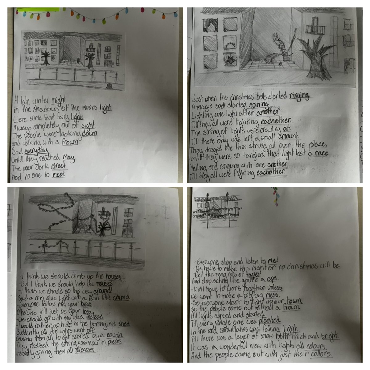 After working with rhyming texts and theme, students made their own rhyming story about some magic lights wanting to brighten up the night with the theme of working together! So many amazing stories to read through!