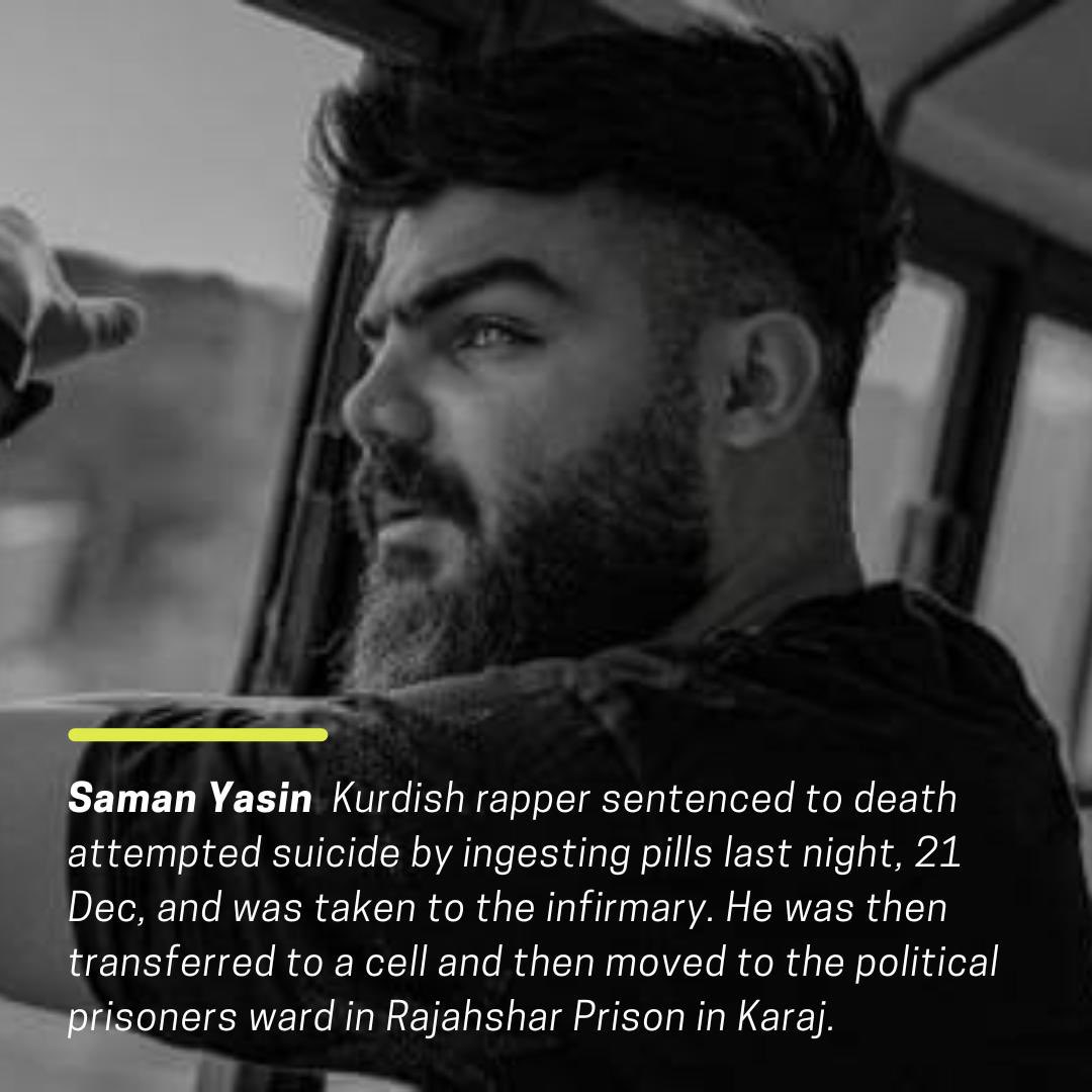 KurdistanHRN's tweet image. According to Kurdistan Human Rights Network, Kurdish rapper #Saman_Yasin attempted suicide last night and was taken to the infirmary. 

He has now been moved to the political prisoners ward in Rajahshar Prison in Karaj.