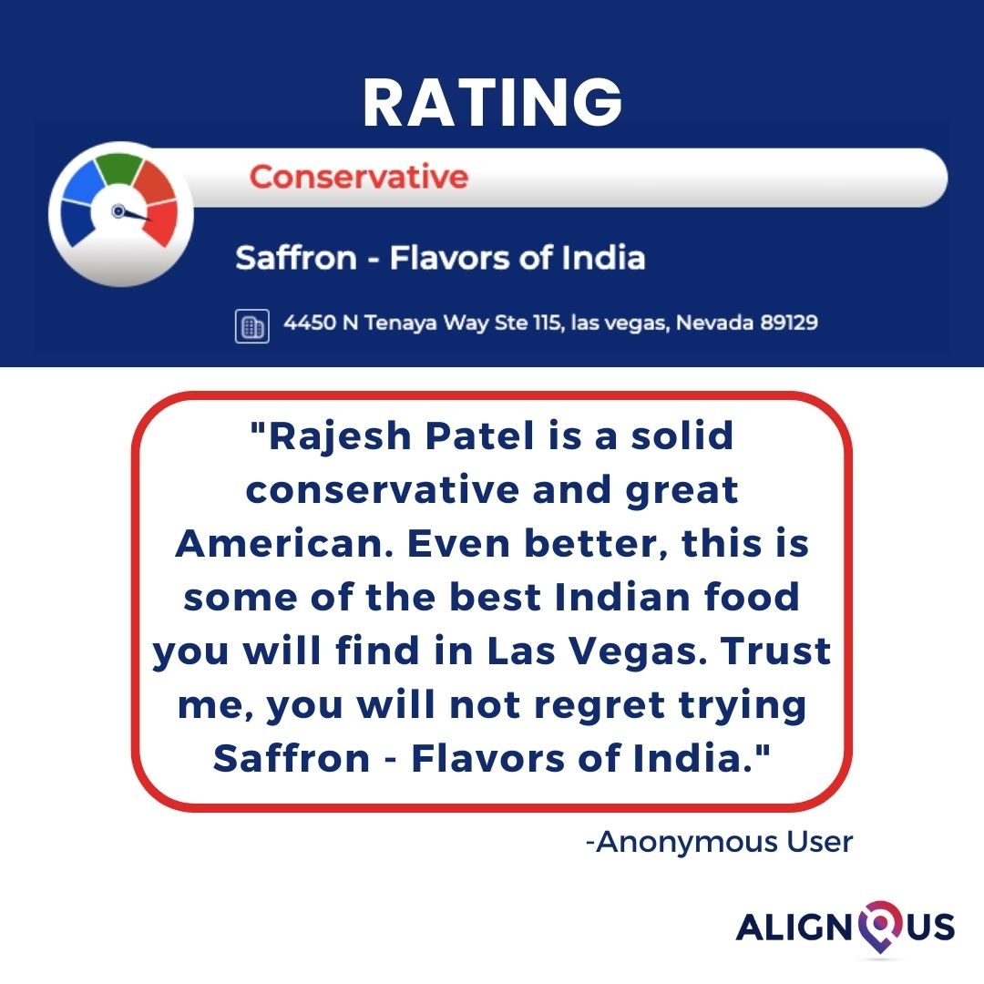 The People Have Spoken, Saffron-Flavors of India.

alignusapp.com/listing/saffro…

Be heard!  Add and rate businesses today on alignusapp.com

#Saffron #FlavorsOfIndia #IndianFood #IndianRestaurants #Nevada #ConservativeRating #AlignUs