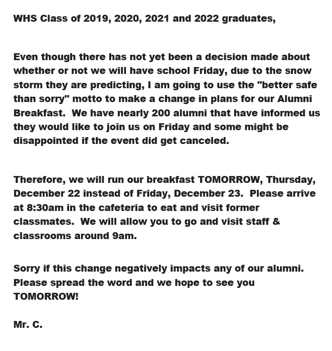 WoodhavenHigh's tweet photo. WHS ALUMNI BREAKFAST MOVED TO TOMORROW (Thurs. Dec 22) INSTEAD OF FRIDAY (Fri. Dec 23)!!   Please spread the word! https://t.co/NvmMnfCvry