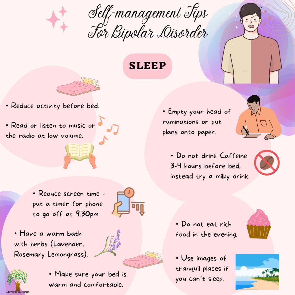 BetterMeHealth1's tweet photo. Learning to live with bipolar disorder can feel difficult. Here are some tips for self-care for bipolar, like monitoring your mood or trying peer support.

🌿
#bipolar #selfmanagement #bipolardisorder #selfcaretips #learn #tips #keeptalkingmh #mentalhealthwarrior https://t.co/8GsTen6R5j