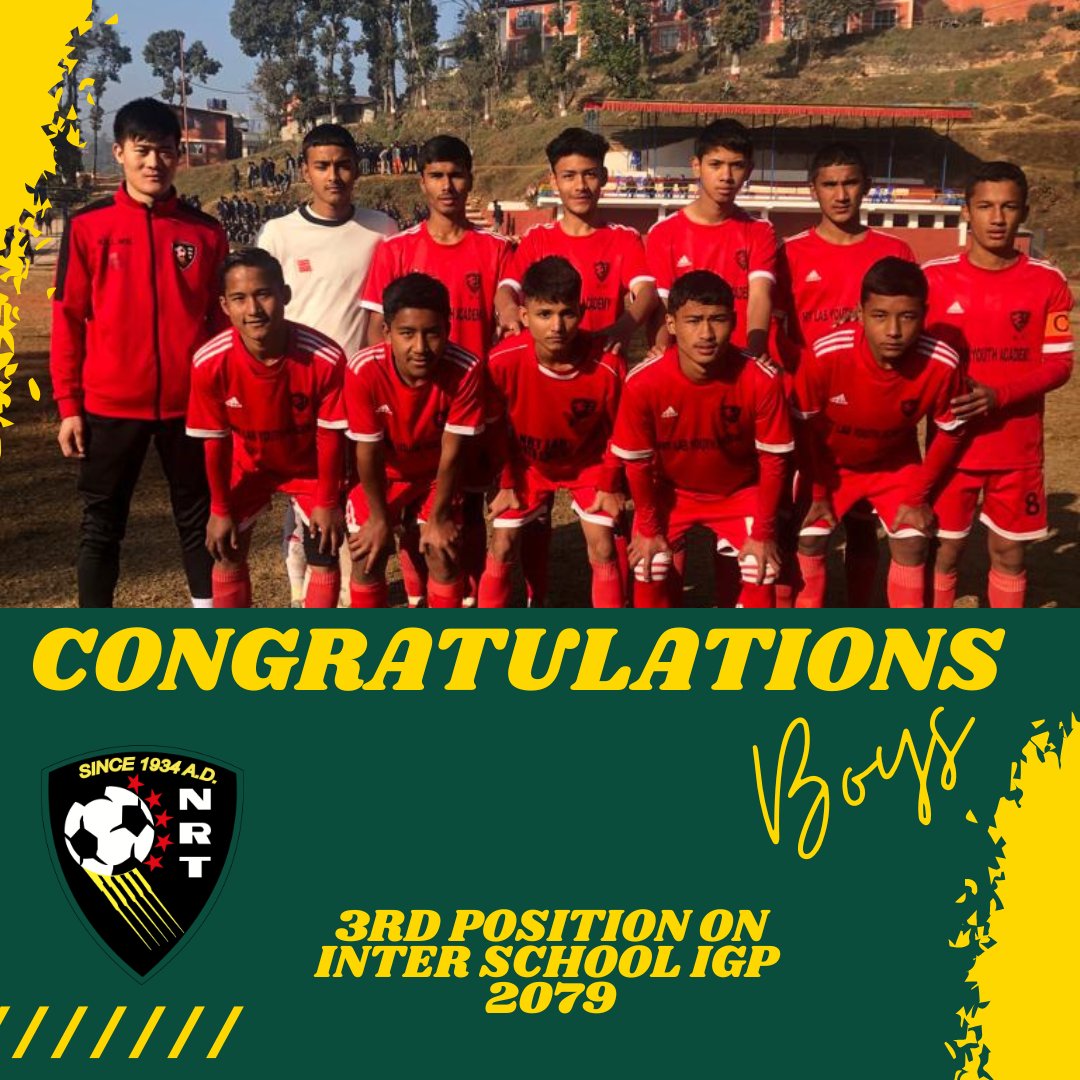 Congratulations to the boys for finishing third in the 28th Inter-School IGP Running Trophy in 2079.

Bishesh Baniya was named the player of the match.

Robin Tamang scored the decisive goal.

#NRT #WeAreRoadrunners #youngrunners #3rdposition #manofthematch