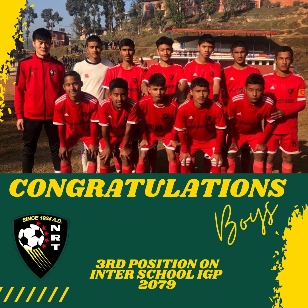 NewRoadTeam's tweet photo. Congratulations to the boys for finishing third in the 28th Inter-School IGP Running Trophy in 2079.

Bishesh Baniya was named the player of the match.

Robin Tamang scored the decisive goal.

#NRT #WeAreRoadrunners #youngrunners #3rdposition #manofthematch https://t.co/34kep5AG5O