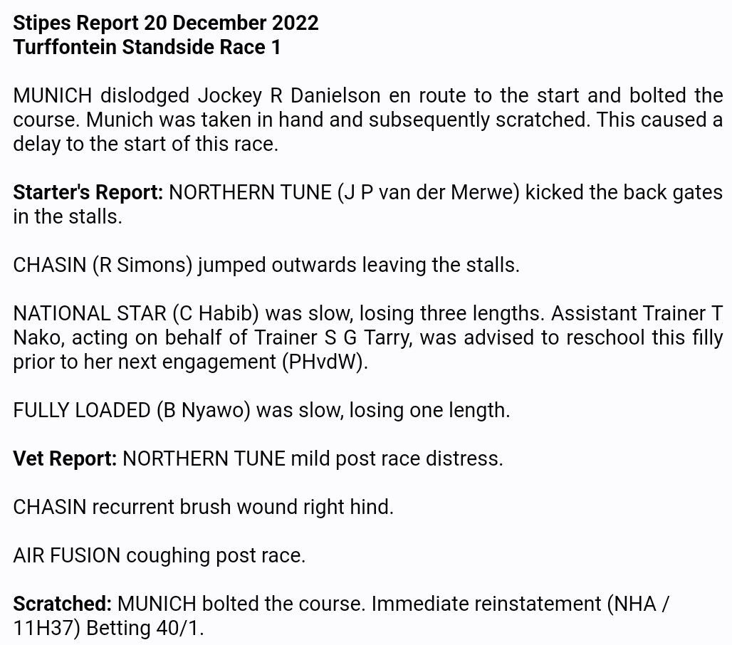 NHASouthAfrica's tweet photo. The attached excerpt is from the #StipesReport for Race 1 at #Turffontein Standside on 20 December 2022
๐บ Replay: https://t.co/etA3uC1w47 https://t.co/aQw1qecexy