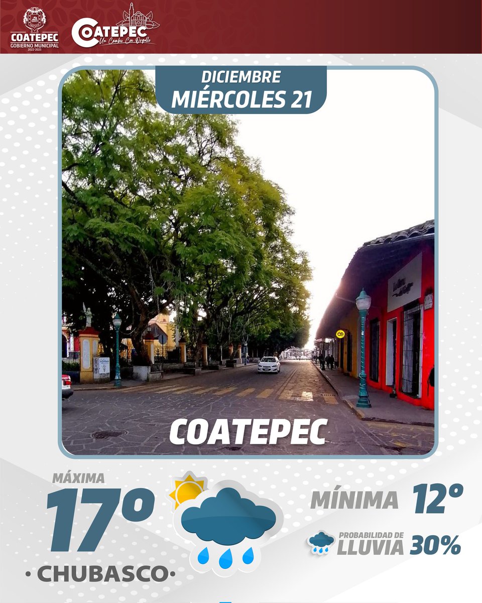 Hoy miércoles 21 de diciembre en #Coatepec tendremos una temperatura máxima de 17°C y mínima de 12°C con chubascos.

En caso de cualquier eventualidad comunícate al teléfono de Protección Civil de Coatepec 2281550398.
#ProtecciónCivil
