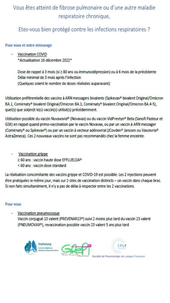 Recommandations de vaccination OrphaLung GREPI ⁦<a href="/SPLF_SocPneumo/">Société de Pneumologie de Langue Française (SPLF)</a>⁩ pour les patients atteints de maladie respiratoire chronique (dont les fibroses)