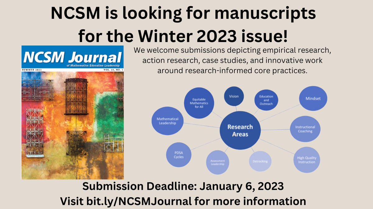 MathEdLeaders's tweet image. We are looking for manuscripts to help mathematic leadership across the country. If you have a manuscript ready for review for JMEL, please email it to: ncsmjmel@mathedleadership.org 
#NCSM22 #ILEADMATH