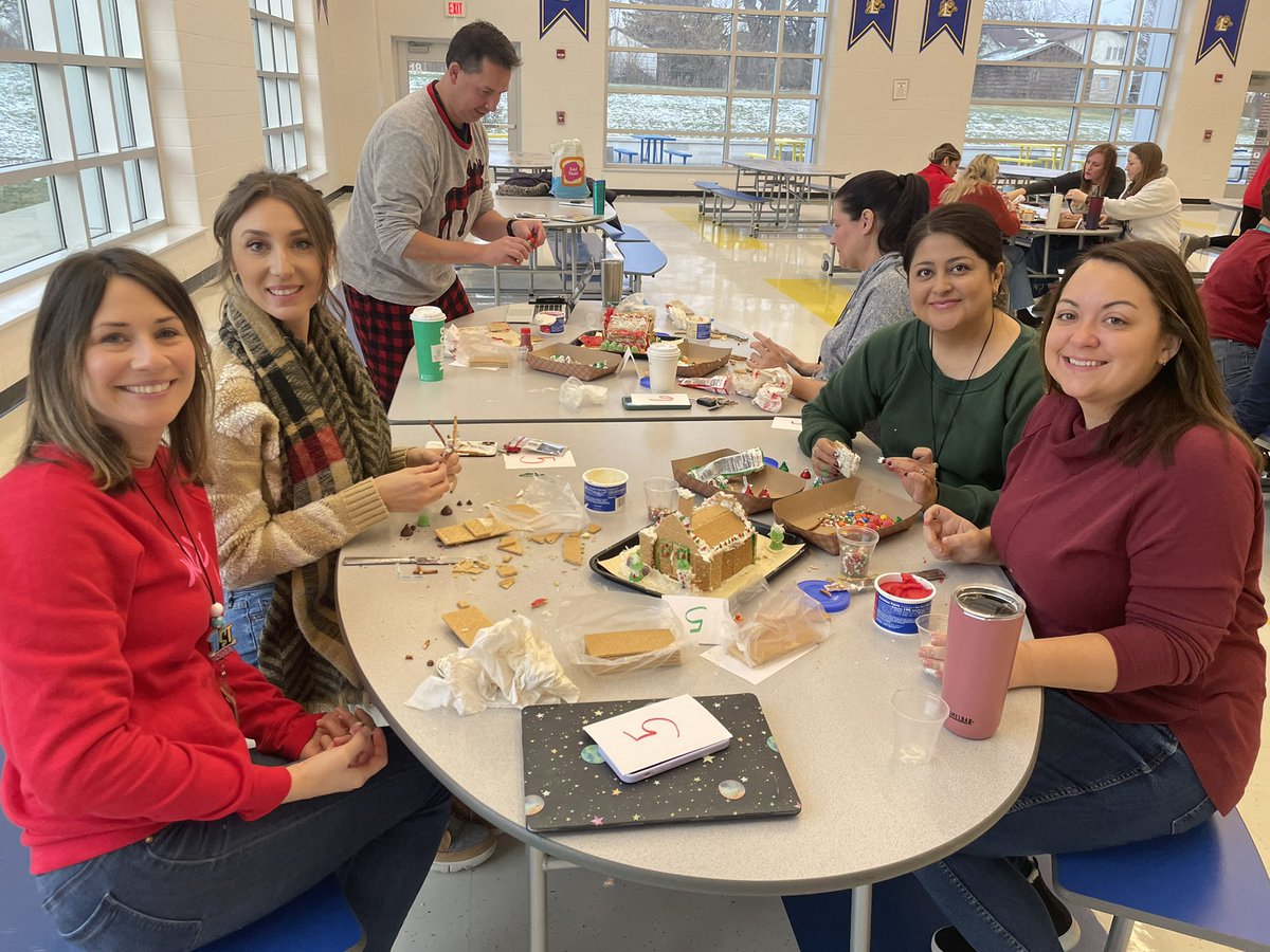 Mrs_Saternus's tweet photo. Staff had a blast making their own Gingerbread Houses during our morning staff meeting! #lane126 https://t.co/mjkyVkXxVn