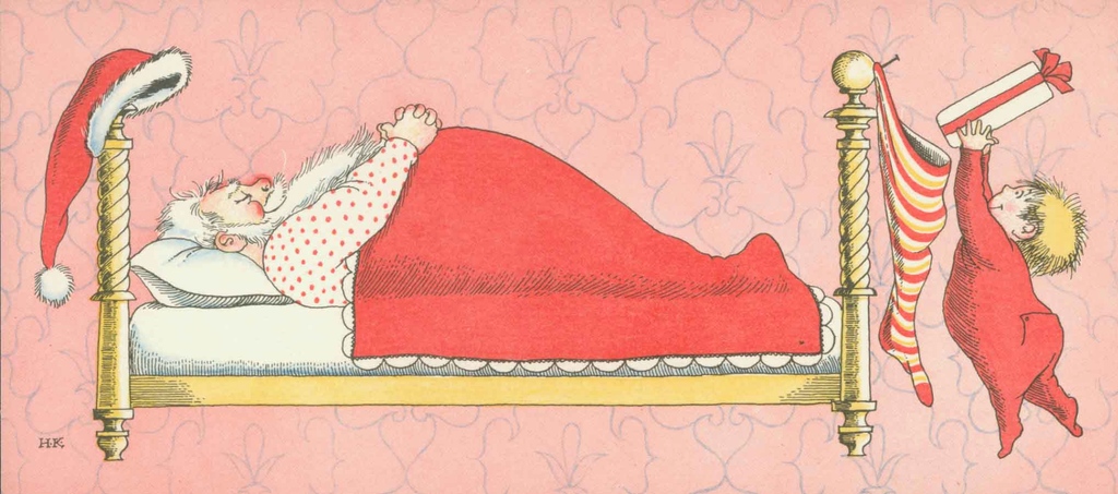 Roles are reversed in this #LilacHedges gem from <a href="/MrHilaryKnight/">Hilary Knight</a>. It’s fun to imagine #Santa sleeping in while a tiny tot delivers a gift to him! #Presents #12DaysofArchives <a href="/ARAScot/">ARA Scotland</a>