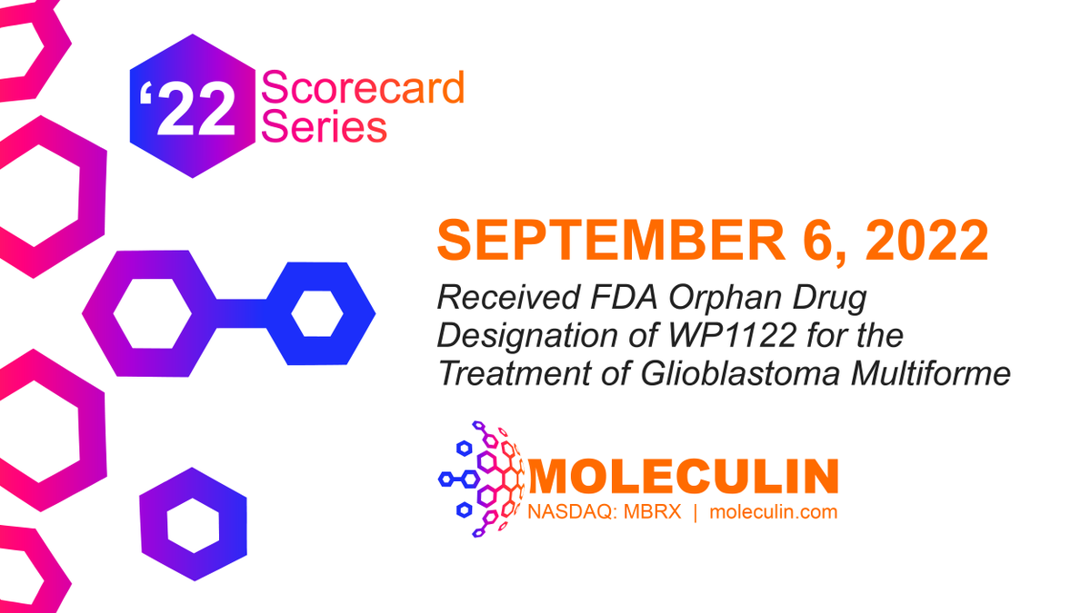 September 6, 2022: Received FDA Orphan Drug Designation of WP1122 for the Treatment of Glioblastoma Multiforme. 

bit.ly/3UEo9vJ  
$MBRX #STSLungMets #Sarcoma #AcuteMyeloidLeukemia #Oncology