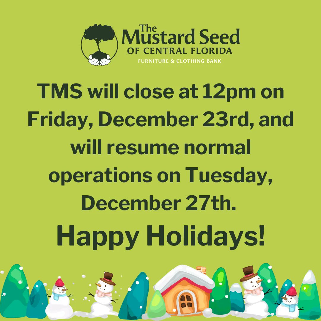 TMS will close at 12pm on Friday, December 23rd, and resume normal operation on Tuesday, December 27th. Happy Holidays!