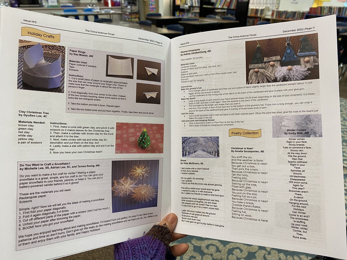 MrsChangGrove's tweet photo. The December issue of the Grove Avenue Times features Hanukkah, Kwanzaa, Christmas, & St. Nicholas Day! As well as an essay, letter, interviews, holiday crafts, book reviews, poetry, & recipes! Happy holidays, everyone! #NewspaperClub @barrington220 @GroveAve220 #equity220 https://t.co/oCbNzu5xtE