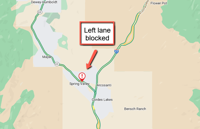 ArizonaDOT's tweet photo. State Route 69 westbound at milepost 265 near S Rocking Lake Lane: A crash is blocking the left lane.
#SR69 #aztraffic https://t.co/pxdJ2deKaK