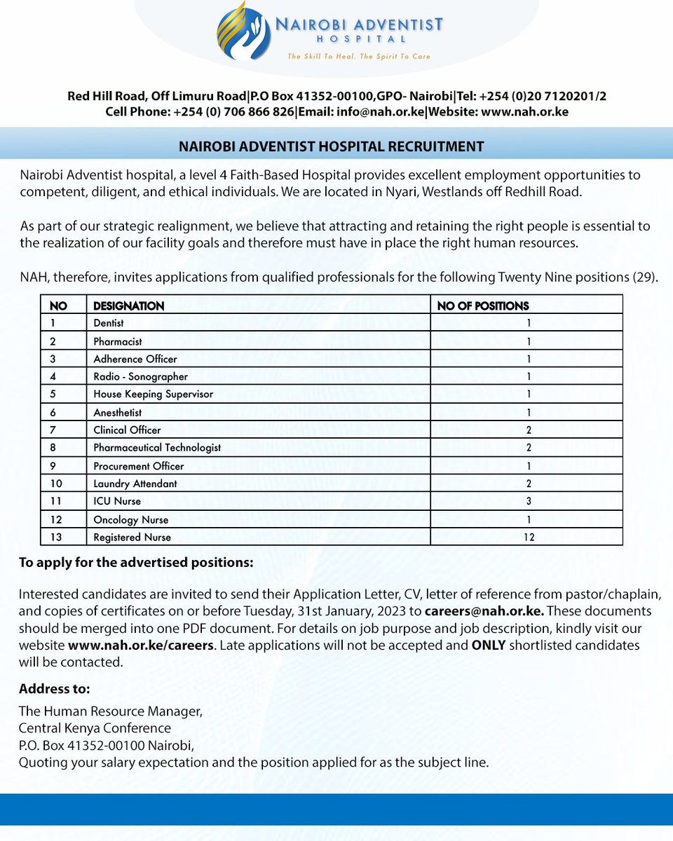 NAH_Hospital's tweet photo. Would you like to join our team? Send your applications to careers@nah.or.ke 🙂
#nahcares #IkoKaziKE https://t.co/hQ0y2N7TU9