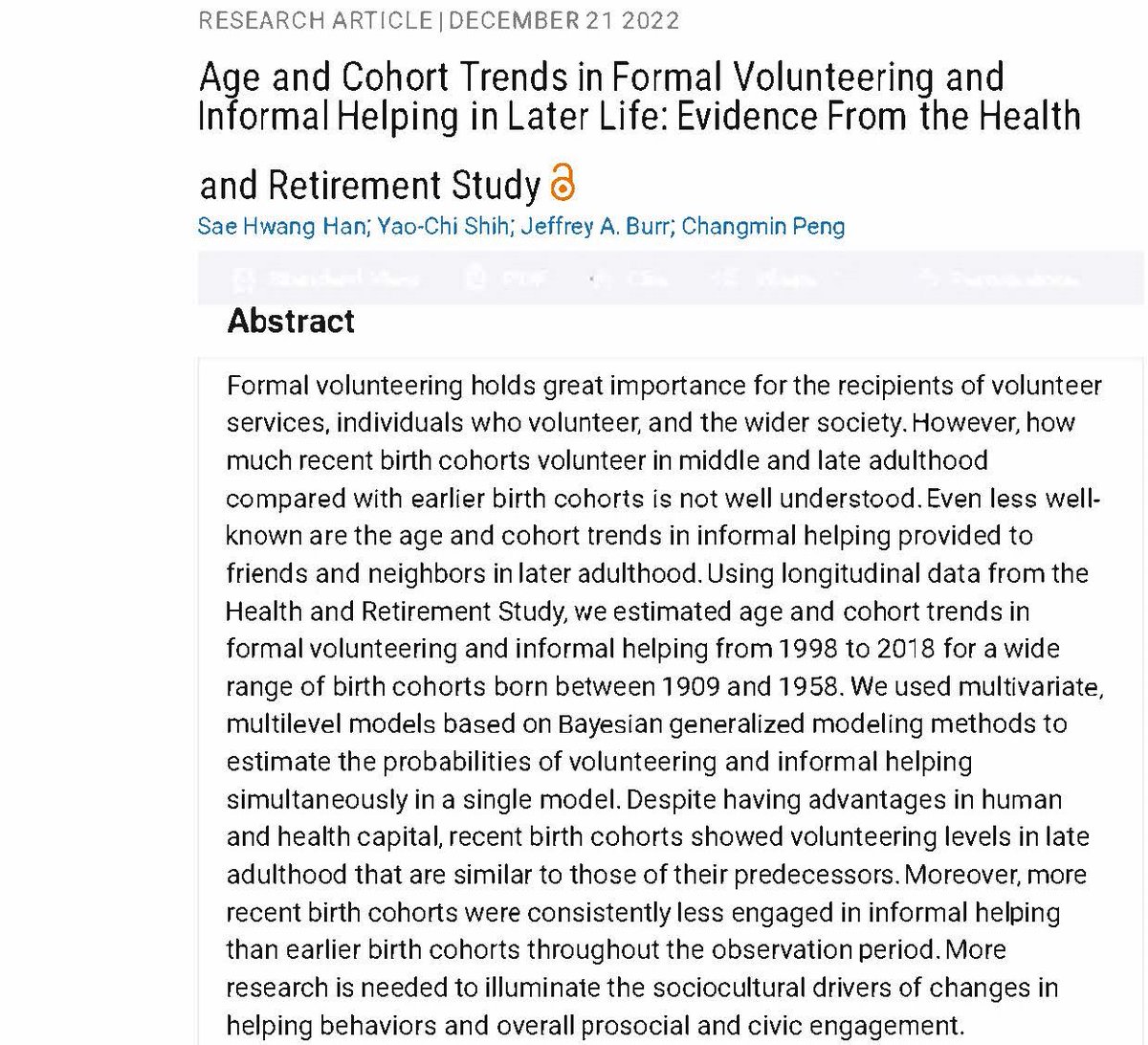 Demography Journal (@readdemography) on Twitter photo Just posted: Does volunteering change as people grow older? This study by Sae Hwang Han, Yao-Chi Shih, Jeffrey Burr & <a href="/Changmin_Peng/">Changmin Peng</a> with HRS data examines age & cohort trends in 1998-2018 among folks born between 1908 & 1958. <a href="/UTPopCenter/">UT PRC</a> <a href="/gerontologyumb/">UMass Gerontology</a>
ow.ly/ozoj50M9tyW Just posted: Does volunteering change as people grow older? This study by Sae Hwang Han, Yao-Chi Shih, Jeffrey Burr & <a href="/Changmin_Peng/">Changmin Peng</a> with HRS data examines age & cohort trends in 1998-2018 among folks born between 1908 & 1958. <a href="/UTPopCenter/">UT PRC</a> <a href="/gerontologyumb/">UMass Gerontology</a>
ow.ly/ozoj50M9tyW