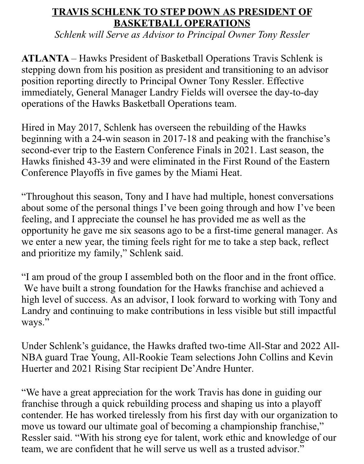 Hawks president Schlenk moving into advisory role
