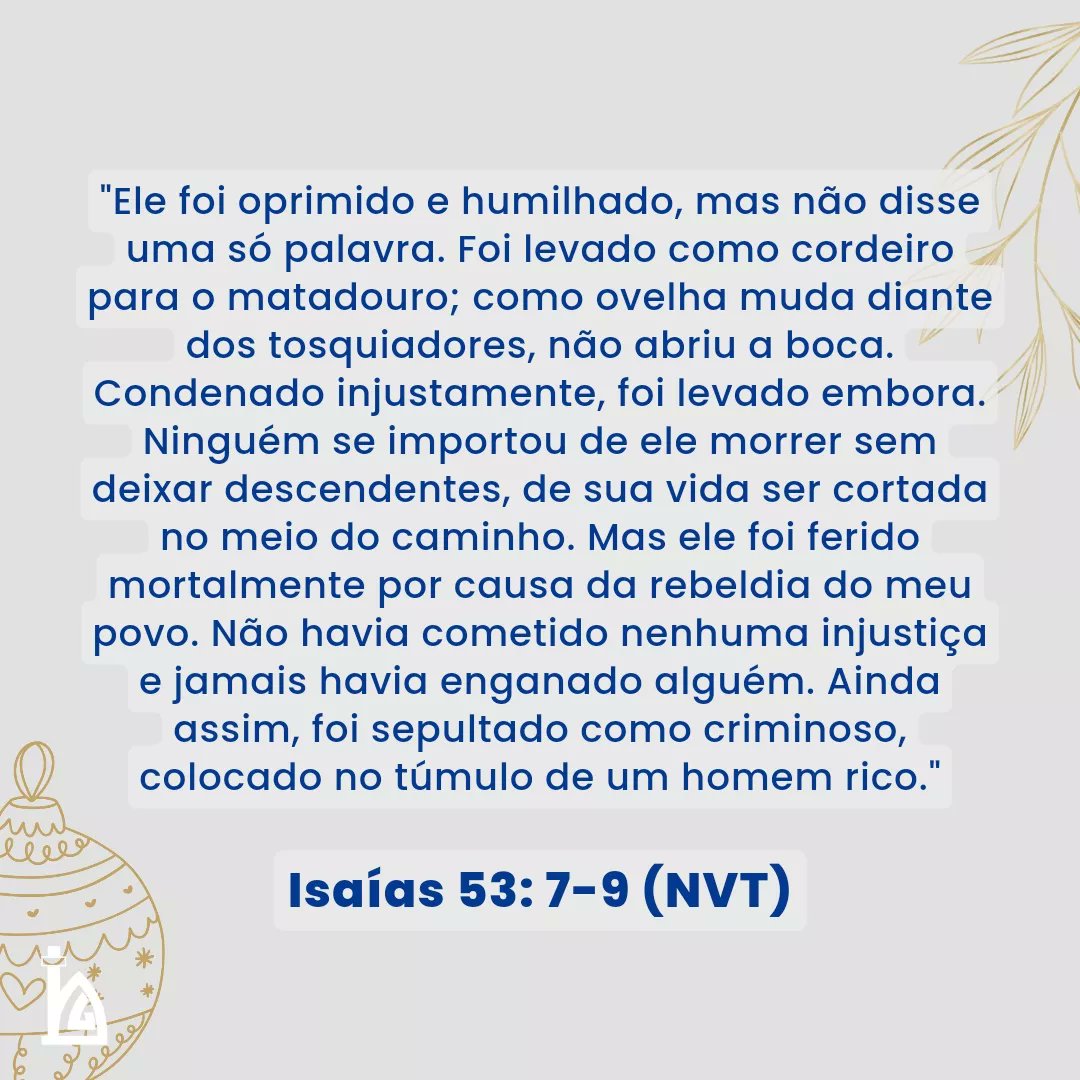 PIBCGRio's tweet photo. Dia 21 - Advento de Natal

Leitura Bíblica: Isaías 53 (NVT)

#PIBCGRio #AdventoPIBCGRio https://t.co/Jn4fzOpzzF