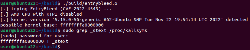 _bcoles's tweet photo. Support for #EntryBleed prefetch #KASLR bypass (CVE-2022-4543) added to KASLD - https://t.co/NDUxBpxtG5
Should work for Intel x86_64 CPUs (with KPTI enabled or disabled) and AMD x86_64 CPUs with KPTI disabled.
Uses Will's proof of concept code:
https://t.co/covFlIZQzd https://t.co/BnEGnLhWbl