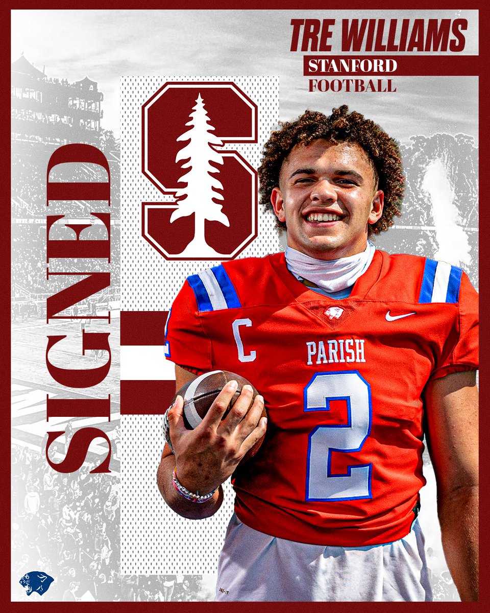 Parish Athletics (@parishsports) on Twitter photo 🌟Congratulations to Tre Williams on signing his National Letter of Intent to play Football at Stanford!🎉
‼️Panther Nation is so proud of you!🤠
Go Cards and Go Panthers!❤️🏈💙
•
•
<a href="/parishepiscopal/">Parish Episcopal</a> @parishalumni @coachajami <a href="/ParishFootball/">Parish Football</a> <a href="/coachnovakov/">Coach Novakov</a> @3Rsports1 <a href="/VYPEDFW/">VYPE DFW</a> 🌟Congratulations to Tre Williams on signing his National Letter of Intent to play Football at Stanford!🎉
‼️Panther Nation is so proud of you!🤠
Go Cards and Go Panthers!❤️🏈💙
•
•
<a href="/parishepiscopal/">Parish Episcopal</a> @parishalumni @coachajami <a href="/ParishFootball/">Parish Football</a> <a href="/coachnovakov/">Coach Novakov</a> @3Rsports1 <a href="/VYPEDFW/">VYPE DFW</a>