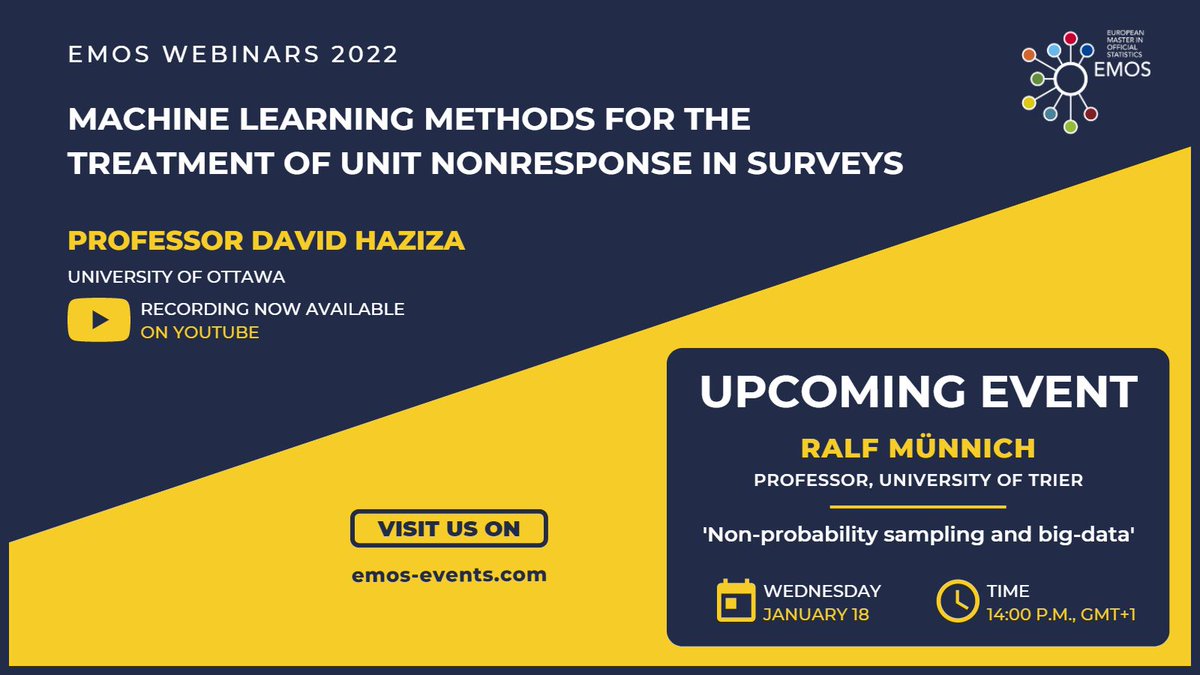 EU_EMOS's tweet photo. Missed last week's #EMOS webinar by Prof. David Haziza on #MachineLearning methods for the treatment of unit #nonresponse in #surveys? 

📺Watch it now 🔗 https://t.co/mBabclcsnL

Visit https://t.co/ojK8ldo8TY to see the slides and get info about upcoming events ⤴️ https://t.co/j5xuN1pSLJ