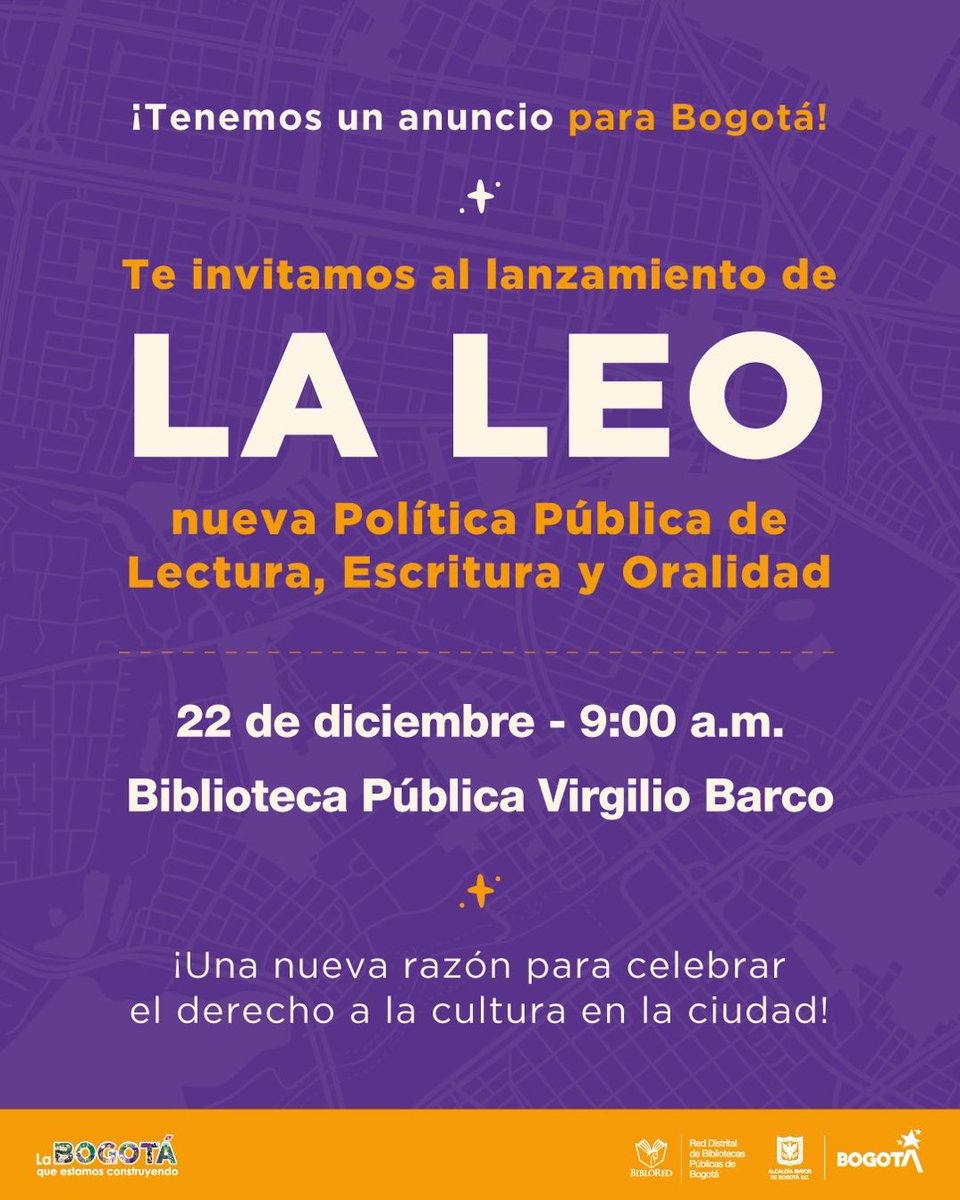 Educacionbogota's tweet photo. ¡Por primera vez Bogotá tiene una política pública de Lectura, Escritura y Oralidad!🤝📝

📍Ven a conocerla este 22 de diciembre en la Biblioteca Pública Virgilio Barco. https://t.co/m88PHGnAu5