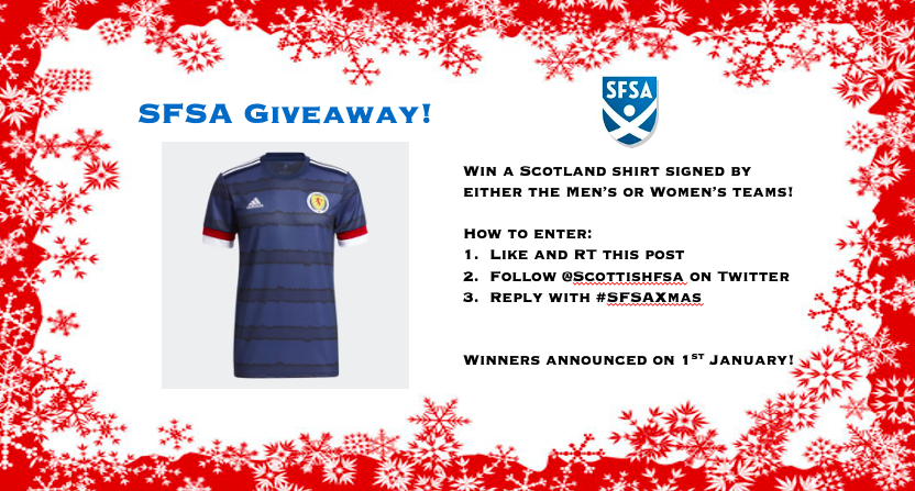 scottishfsa's tweet photo. *Giveaway*  We are giving away two official @ScotlandNT  shirts, one signed by the Men's and one by the Women's National squads!🏴󠁧󠁢󠁳󠁣󠁴󠁿 See below for how to enter. Winners will be announced 1st January... good luck! #Giveaway #Scotland #SFSAXmas https://t.co/3rf5yJhrTo
