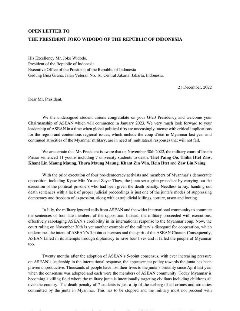MinHanHtetBurma's tweet photo. OPEN LETTER TO THE PRESIDENT JOKO WIDODO OF THE REPUBLIC OF INDONESIA
#StopExecutingOurStudents
#StopExecutingOurFriends
#DagonUniversityStudents
#FailedLaw
#MyanmarUnderDeathPenalty
#WeAreUnderDeathPenalty https://t.co/y6mwvw0Dux