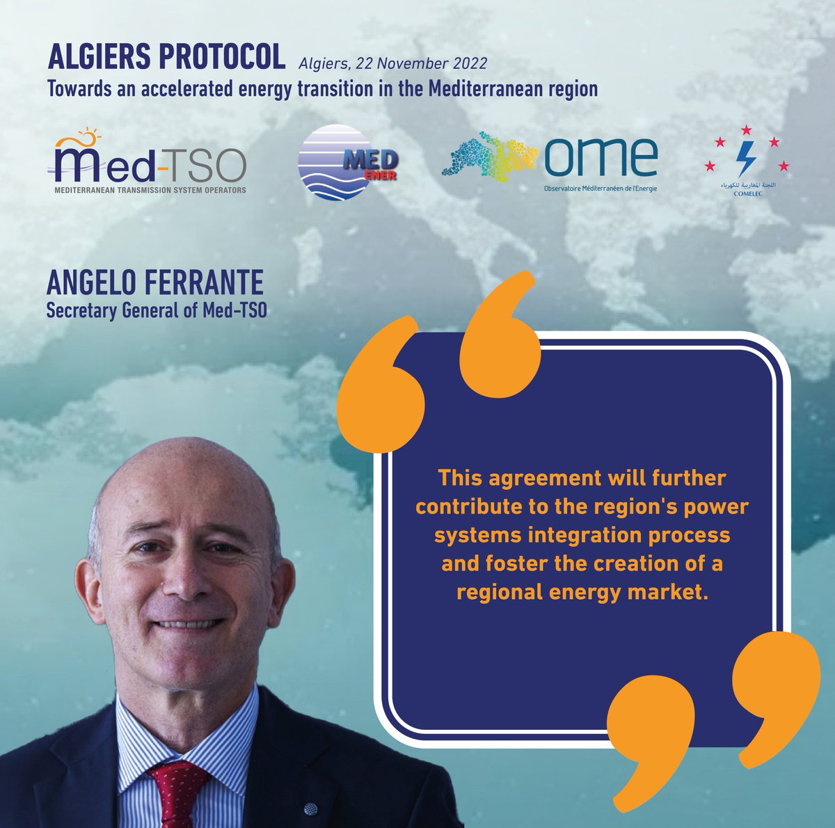 Capacity building, events, studies and joint projects are among the key actions #MedTSO will implement with #COMELEC, @ContactMedener and @OME_cooperation to favour the #Mediterraneanenergy integration process. 
Read the words of our Secretary General Angelo Ferrante.